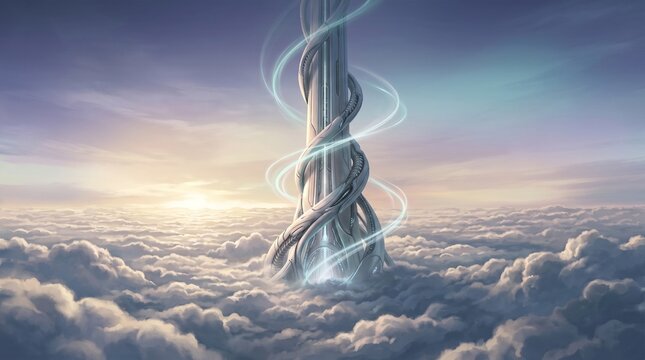 Surreal Cloud Tower in Sunrise Sky &ndash; Fantasy Landscape