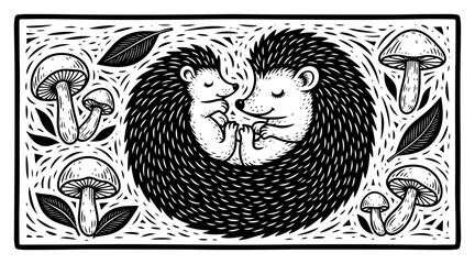 Cute hedgehogs in love surrounded by mushrooms and leaves in vintage linocut folklore style frame © Luka