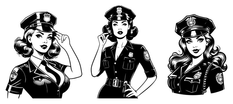 Beautiful police woman officers set in retro pin-up style wearing uniform and cap for law enforcement