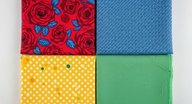 Colorful fabric quartet with floral, chevron, polka dot, and plain patterns for creative textile projects