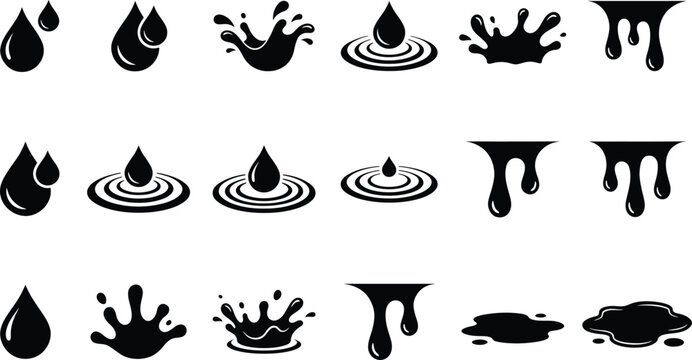 Black liquid splash and drip icons on white background for design and graphics use  various shapes and forms of fluid motion