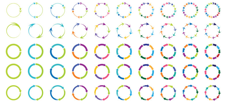 Colorful circle arrow chart set. Circular process, rotate infographic element. Circle arrow 1, 2, 3, 4, 5, 6, 7, 8, 9, 10 icon set. Black circle arrows for infographics and web design. Vector illustra