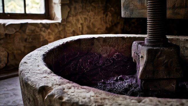 winepress. Ancient stone wine press with deep purple grape residue, textured surface in soft window light. bar promotions, beverage menus, designed for food & beverage menus and cafe branding.