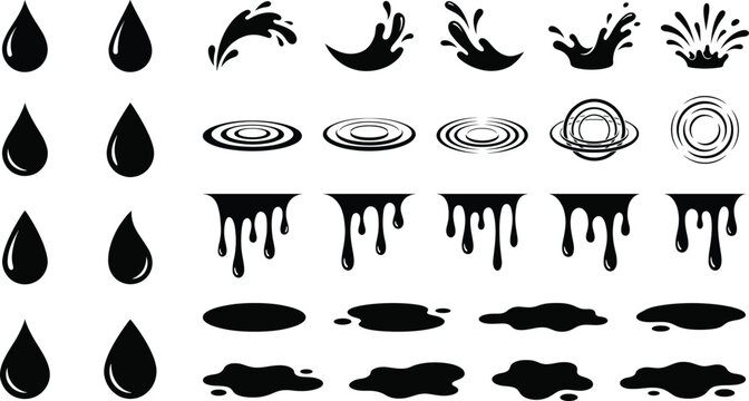 Collection of black liquid splashes and drops on white background  various shapes and forms of fluid motion depicted in simple iconic style
