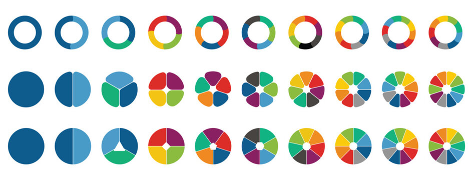 Pie chart set. Segment slice sign. Circle section graph. 1,2,3,4,5,6,7,8,9,10 sections or steps. Pie chart for data analysis, business presentation, UI, web design. Geometric element. Vector illustrat