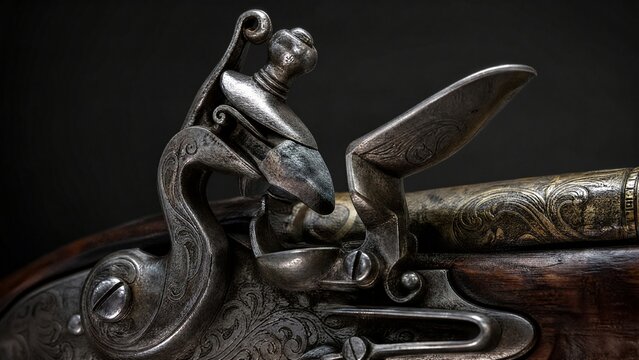 flintlock. Close-up detail of ornate flintlock pistol focusing on flint against frizzen. product launch decks, UI/UX mockups, designed for data visualization dashboards and holographic UIs.