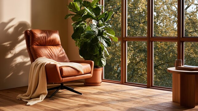 Brown leather armchair with a soft cream throw blanket sits beside a large fiddle leaf fig plant near bright windows