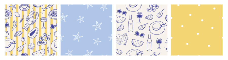 Obraz premium Summer dolce vita seamless pattern set with seafood fruits and beach elements. Hand drawn vector illustration for textiles, packaging, wallpapers, branding and seasonal designs.