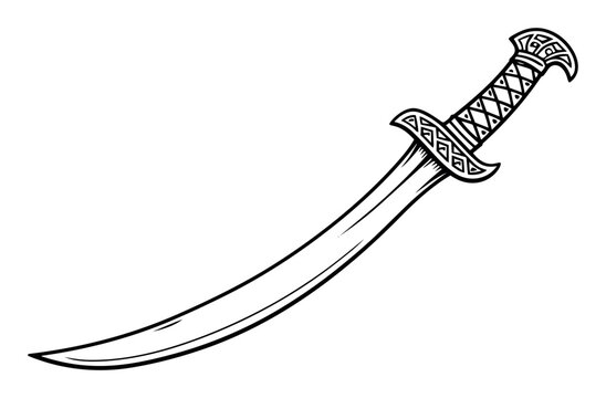 Scimitar sword with a sharp curved blade and decorative hilt, illustrating historical weaponry, culture, and power
