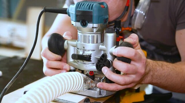 Woodwork workshop electric router tool shaping wooden plank with precision and care for detailed woodworking craftsmanship