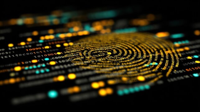 Abstract representation of digital fingerprint technology with vivid data patterns and glowing binary codes on black background