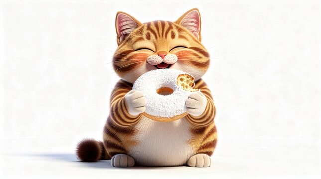 Cute 3D render of a tabby cat character with closed eyes content expression happily holding a powdered sugar donut with a small cute bite taken out, on a white background