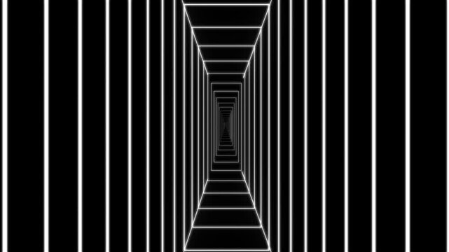 Abstract white line tunnel zoom moving through geometric grid corridor on black background loop