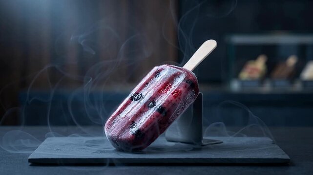 A colorful popsicle with a wooden stick, sitting on a dark slate platform, surrounded by wispy smoke for a dramatic effect