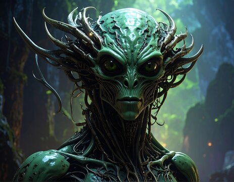 A green-skinned alien creature with long, spindly limbs and tendrils on its head