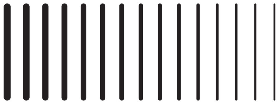 Black straight parallel sticks of different thicknesses on white background. Simple graphic print. Vertical blinds texture. Minimalistic abstract wallpaper. Vector graphic illustration