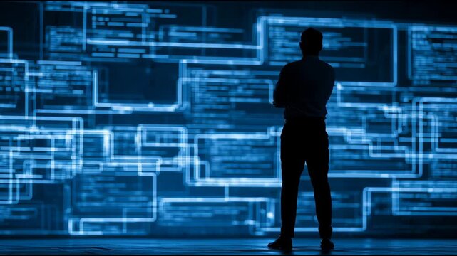 A person stands in front of a digital screen and uses hand gestures to interact with the visual display in a dark indoor environment.