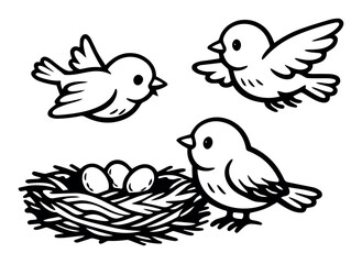 Fototapeta premium Cute cartoon birds flying and standing near a nest with three eggs, representing nature, wildlife, and new life