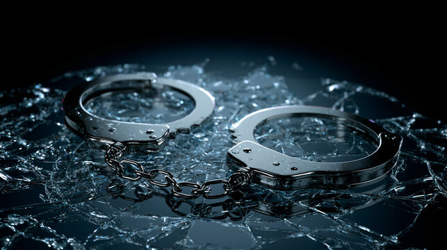 Metal handcuffs on broken glass with dark blue reflection, crime investigation justice danger and security concept