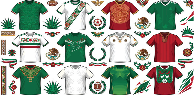 Mexico football jersey kit mockup vector set with green red white shirts Aztec calendar eagles agave plants and cultural ornaments
