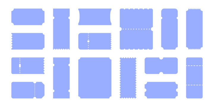 Set of ticket shapes and forms, transportation passes, cinema, circus, and theater entrance templates and backgrounds. Vector graphic design elements.