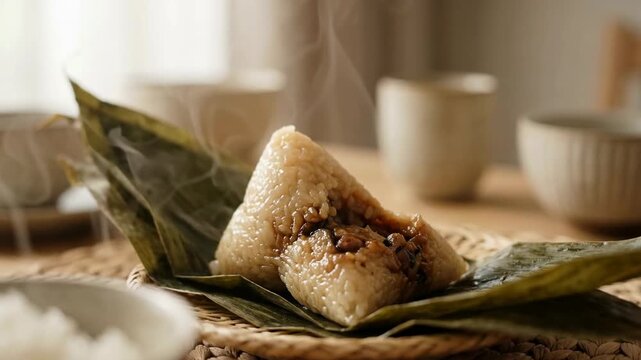 Close-up of steaming sticky rice dumplings being held with chopsticks, placed on bamboo leaves and a wooden tray, warm ambient light