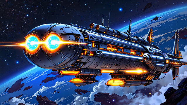 Futuristic Spaceship Cruising Through Deep Space Orbit with Glowing Engines