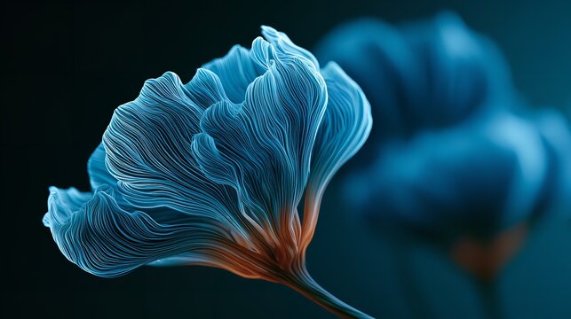 Curving blue abstract floral form with delicate light filaments and warm orange base tones set against a dark void background