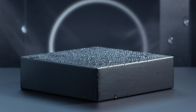 A modern minimalist display pedestal made of dark brushed titanium metal covered in tiny glistening water drops on a dark background