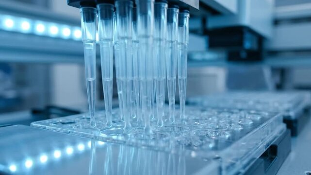 Automated Laboratory Pipetting Robot Dispensing Samples into a Multi-Well Plate under Sophisticated Blue Lighting