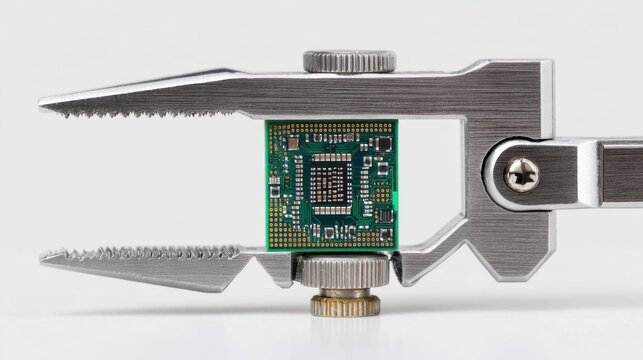 Precision Measurement of Microchip with Caliper Tool in Professional Laboratory Setting