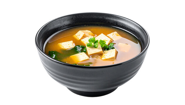 miso soup with tofu cubes and green onions, isolated on transparent background.