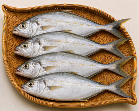 Fresh whole queenfish / leatherjacket neatly arranged on woven bamboo tray, Bali‑Indonesia market catch