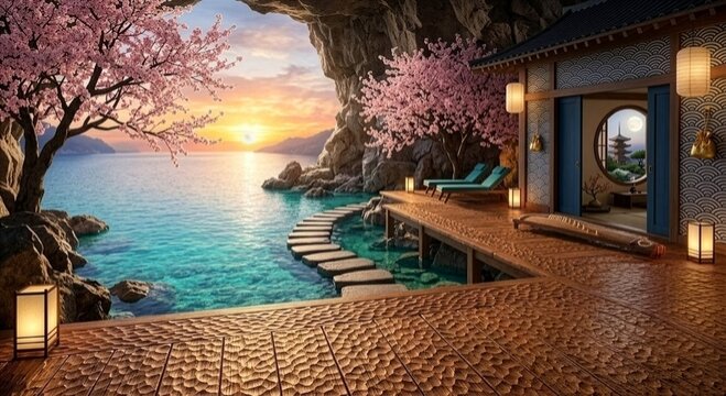 AI-generated 　洞窟につながる、和がかおるモダンリゾートから望む夕日と満開の桜と美しいウッドデッキテラス