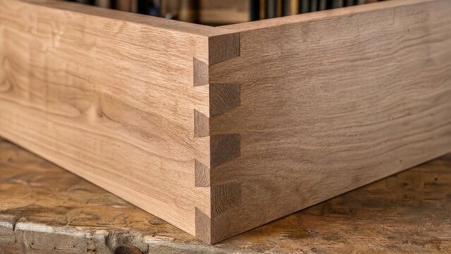dovetail. Two wooden boards joined with dovetail joints on a workbench. tutorial guides, club newsletters, designed for tourism and weekend activity guides and sports & leisure club marketing.