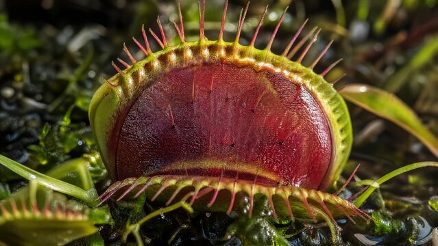 flytrap. A Venus flytrap with its sealed leaf chamber in a swamp, macro view. gardening catalogs, home-decor guides, designed for home decor and floral branding, used by sales representatives.