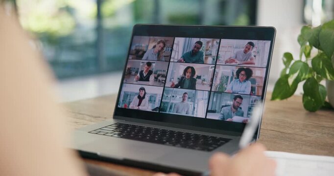 Laptop screen, online meeting and business people with video call for planning, discussion or b2b networking. Digital conference, team and partnership consulting for idea, collaboration and solution