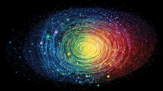 Colorful Abstract Spiral Design with Light Particles and Binary Numbers on Black Background for Technology and Science Themes