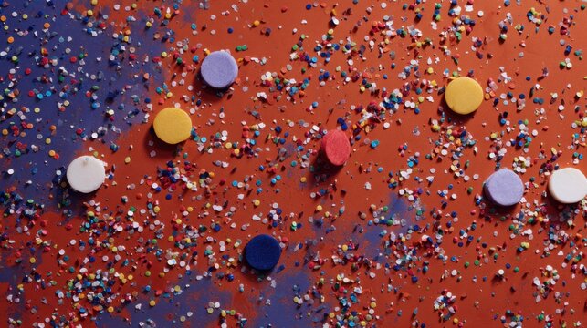 Colorful confetti and circular shapes scattered on vibrant surface creating fun and festive atmosphere for celebrations