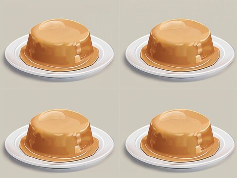 Four identical caramel flans on white plates arranged in a 2x2 grid, smooth glossy surface, uniform color, plain gray background