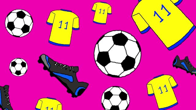  Cartoon style animation of soccer game equipment, ball, cleats and shirt on the field, red.
