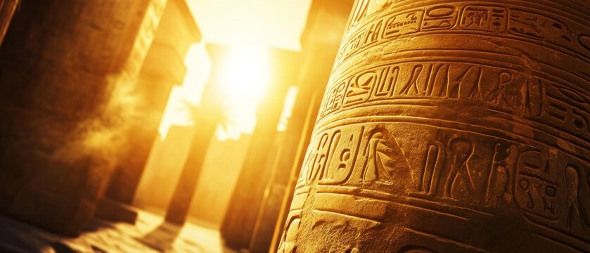 Ancient stone column with hieroglyphs in sunlight historical architecture travel culture