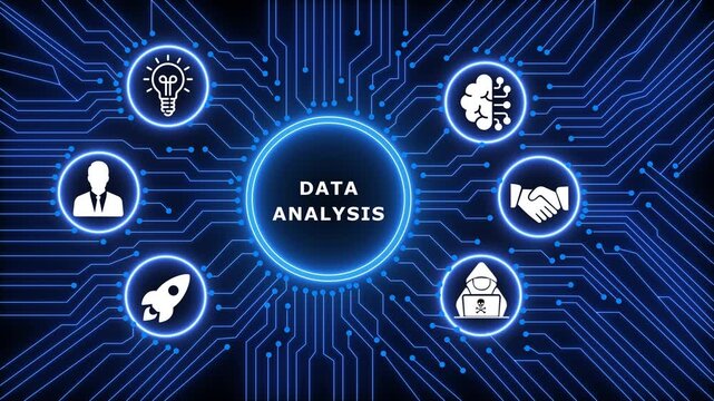 A glowing neon DATA ANALYSIS concept surrounded by smaller icons for ai and manufacturing process management all connected in a digital circuit like pattern.circuit lines and digital symbols. 4k
