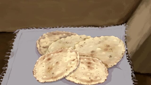 2d animation cartoon traditional round baked flatbreads placed neatly on a white cloth sheet inside a rustic house. beautiful graphic backdrop scenery ideal for multiplatform content developers