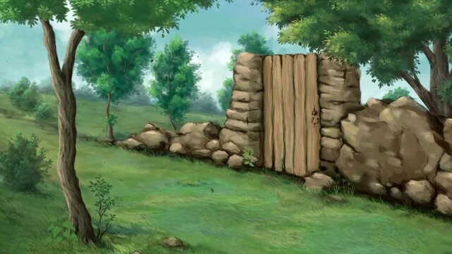 2d animation cartoon village girl carrying a clay water pitcher jug walking past a rustic wooden fence in a field. this premium illustrated stock clip backdrop is optimized completely for