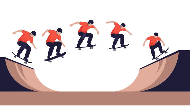 Skateboarder performing a trick in a half-pipe, sequence of motion, representing action and extreme sports