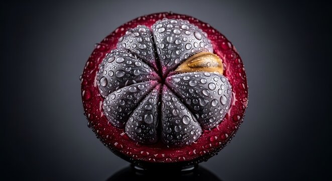 A close-up shot of a sliced exotic borojo fruit covered in fresh water droplets against a dark background, showcasing its unique inner texture.