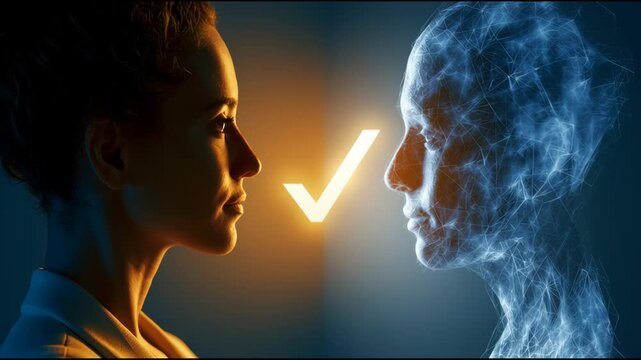 Two faces face each other in a dim room while a digital version of one appears with glowing features, showing the blend of humanity and technology.
