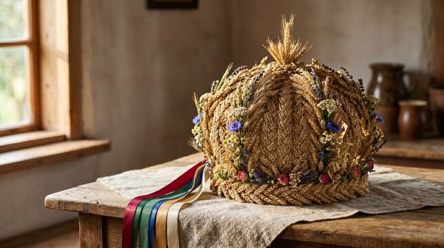 Polish harvest grain crown with wheat braids flowers ribbons textile