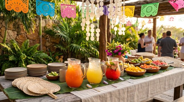 Communal Fiesta Refreshment Table With Fruit Drinks Fans And Leaves